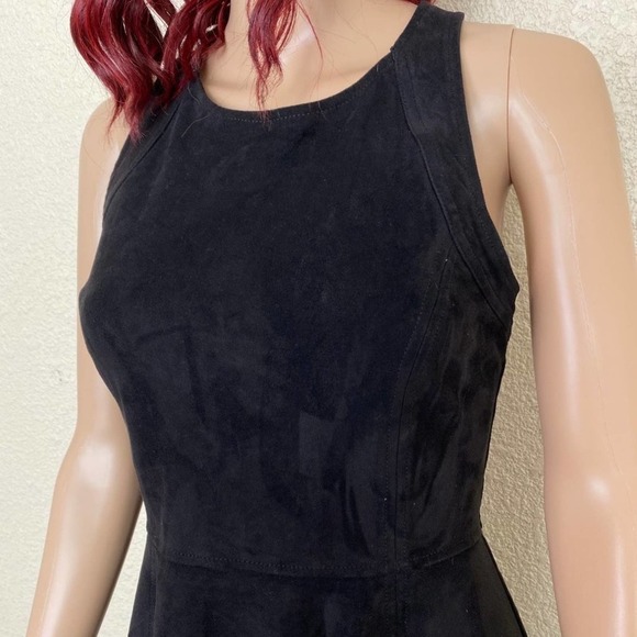 Express Womens Scalloped Mini Dress Small Black Suede-Like Cross Back Flare - Picture 3 of 9